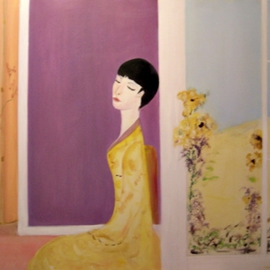 Michela Curtis: 'Femme en Jaune', 2005 Oil Painting, Meditation. Artist Description:  The yellow blooms lean toward her as her perfume fills the air.   Michela ...