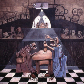 Michael Irrizarypagan: 'Poison the Chicken', 2001 Oil Painting, Surrealism. Artist Description:  courtroom scene, surreal ...