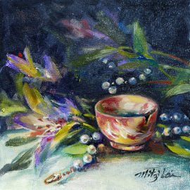 Mitzi Lai: 'A perfect Agate Cup', 2011 Oil Painting, Still Life. Artist Description:     Oil Painting, still life, cup, pearl necklace, Mitzi Lai, cup, blue flower, mother' s day, gift,  ...
