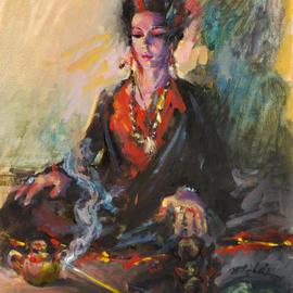 Mitzi Lai: 'Hummmmm', 2012 Oil Painting, Figurative. Artist Description:      Oil Painting, female, praying, blessing, religious, Buddhism, Buddha, peace, Mitzi Lai, moody painting, illusion, girl sitting   ...
