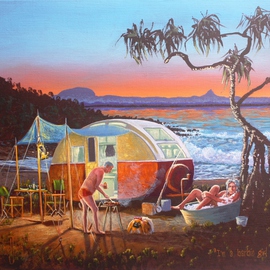 Michael Jones: 'Im a Barbie Girl', 2014 Acrylic Painting, Beach. Artist Description:     Retro caravan series, Bill and Sheila on holidays.    ...