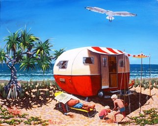 Michael Jones: 'Men at Work', 2014 Acrylic Painting, Beach.    Retro caravan series, Bill and Sheila on holidays.   ...
