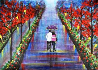 Manjiri Kanvinde: 'Love Blossoms Original romantic painting', 2015 Acrylic Painting, Love.  Romantic landscape painting of a couple in the rain. Color blue is known to create a peaceful and surreal ambiance. This painting will surely lift your mood. Excellent gift for your loved ones.Medium: Acrylic on paperSize: 16. 5 x 23. 4 inchesTracking number will be provided after...