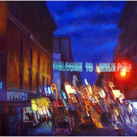 Michael Todd Longhofer: 'Warped Turf', 2009 Oil Painting, Cityscape. Artist Description:  Little Italy in New York Distortion SeriesMafia Parking Only baby! ...