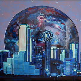 Michael Todd Longhofer: 'midnight metro', 2011 Acrylic Painting, Cityscape. Artist Description:  Piece finally finished. . . wew. . . . now I need stronger glasses. Description: I started with a botched abstract. Then an elipse was drawn. The surface area outside the circle was built up with texture. Resin was poured in the circle. The skyline was then drawn. Skyline was masked and sanded ...