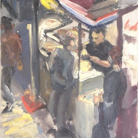 Michelle Mendez: 'Brasserie, Paris', 1990 Oil Painting, Figurative. Artist Description:  Scene from Rue St. Denis, Paris night time, cityscape, gestural, figure, study in oil on primed Rives BFK paper mounted on masonite, stripping stained mahogany, ready to hang   ...