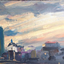 Michelle Mendez: 'John Hancock at Dusk', 1993 Oil Painting, Cityscape. Artist Description: Boston, night, oil sketch skyline study, roof top view from south Boston Fort Point Artist community, oil on primed Rives BFK paper mounted on masonite, stripping stained mahogany, ready to hang     ...