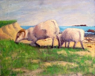 Michelle Mendez: 'Lambs Grazing', 1997 Oil Painting, Animals.   Landscape   Seascape  Isle of Iona, oil on canvas     ...
