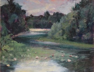 Michelle Mendez: 'Lily Pond August Mist', 2011 Oil Painting, Landscape.    Oil on masonite board, Dedham, MA ...