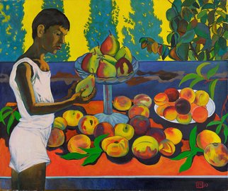 Moesey Li: 'A boy with a pear', 1993 Oil Painting, Children. realism, genre painting, boy, table, peaches, pears...
