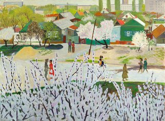 Moesey Li: 'A day in May', 1980 Oil Painting, Seasons. realism, landscape, spring, trees, people, May, day...