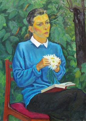 Moesey Li: 'A girl with daisies', 1987 Oil Painting, Portrait. realism, portrait, woman, daisies, book...