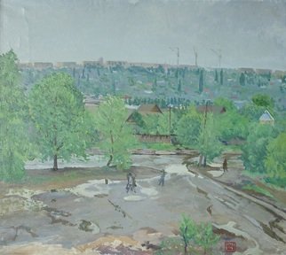 Moesey Li: 'After the rain', 1981 Oil Painting, Landscape. realism, landscape, puddle, trees, houses, people, Volgograd...