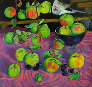 Moesey Li: 'Apples', 1991 Oil Painting, Food. realism, still life, apples, vase...
