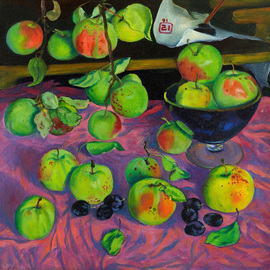 Moesey Li: 'Apples', 1991 Oil Painting, Food. Artist Description: realism, still life, apples, vase...