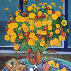 Moesey Li: 'Autumn bouquet', 1995 Oil Painting, Floral. Artist Description: realism, still life, flowers, table, pomegranate, toy, window, moon...