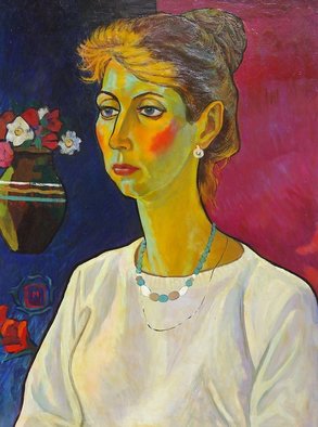 Moesey Li: 'Autumn girl', 1989 Oil Painting, Portrait. realism, portrait, woman, flowers...