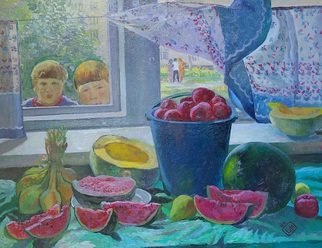 Moesey Li: 'Curiosity', 1985 Oil Painting, Children. realism, genre painting, curiosity, children, tomatoes, watermelon...