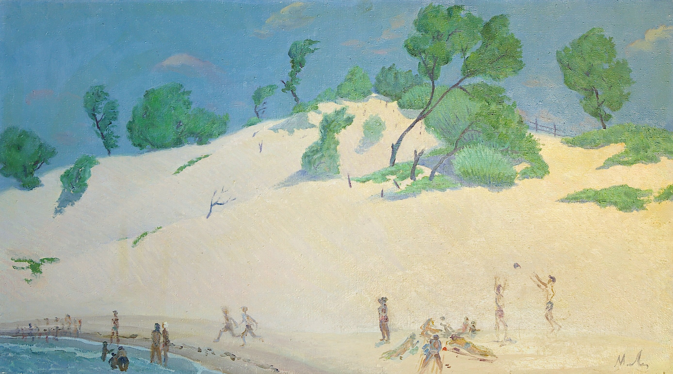Moesey Li: 'Dunes', 1983 Oil Painting, Beach. realism, landscape, beach, people, sea, trees, dunes...