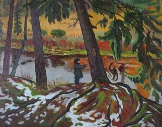 Moesey Li: 'Early snow', 1983 Oil Painting, Children. realism, genre painting, snow, boy, squirrel, river, trees, meadow...