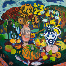 Moesey Li: 'Fantasy still life', 2014 Oil Painting, Still Life. Artist Description: realism, still life, flowers, vase, fish, bananas, pumpkins, pears, peaches...