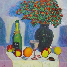 Moesey Li: 'Festive table', 1992 Oil Painting, Floral. Artist Description: realism, still life, table, candies, champagne, flowers...