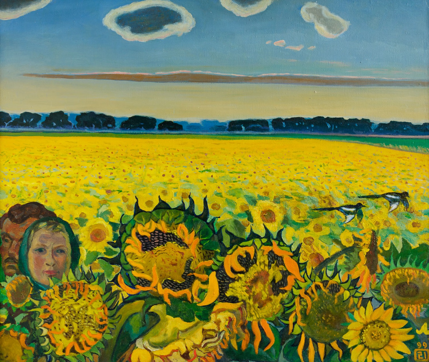 Moesey Li: 'Field of sunflowers', 1999 Oil Painting, Landscape. realism, sky, summer, sunflowers, clouds, field, landscape...