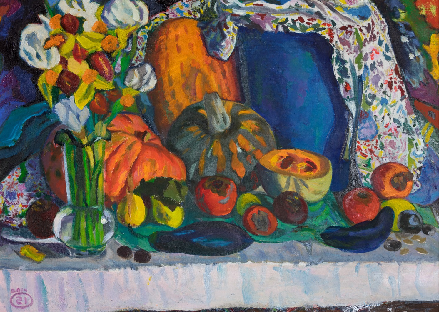 Moesey Li: 'Fruits and vegetables', 2014 Oil Painting, Floral. realism, still life, aubergine, pumpkin, flowers, persimmon...