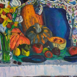 Moesey Li: 'Fruits and vegetables', 2014 Oil Painting, Floral. Artist Description: realism, still life, aubergine, pumpkin, flowers, persimmon...