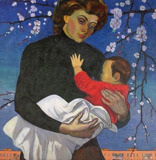 Moesey Li: 'Motherhood', 1993 Oil Painting, Family. realism, genre painting, mother, baby, tree, building...