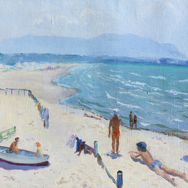 Moesey Li: 'Near the sea', 1979 Oil Painting, Seascape. Artist Description: realism, landscape, sea, beach, people, boat...