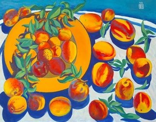 Moesey Li: 'Peaches', 1995 Oil Painting, Food. realism, still life, peaches, leaves, plate, tablecloth...