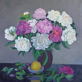 Moesey Li: 'Peonies and a lemon', 1993 Oil Painting, Floral. Artist Description: realism, still life, peonies, lemon, table, vase...