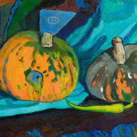 Moesey Li: 'Pumpkins and peppers', 2009 Oil Painting, Food. Artist Description: realism, still life, pumpkins, pepper...