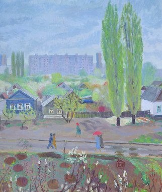 Moesey Li: 'Rainy spring', 1982 Oil Painting, Seasons. realism, landscape, spring, rain, trees, houses, Volgograd...