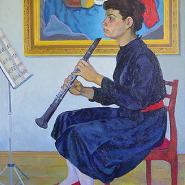 Moesey Li: 'Repetition', 1983 Oil Painting, Music. Artist Description: realism, genre painting, repetition, woman, musician, notes...