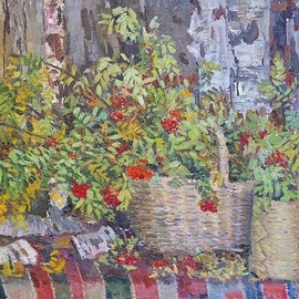 Moesey Li: 'Rowan', 1972 Oil Painting, Still Life. Artist Description: realism, birch, rowan, still life, forest, basket...