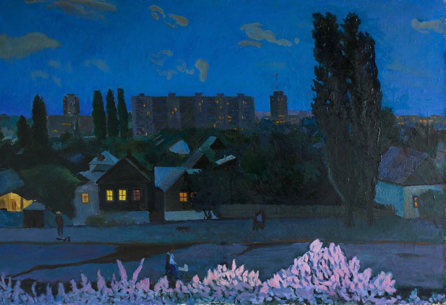 Moesey Li: 'Spring evening', 1986 Oil Painting, Seasons. realism, landscape, spring, evening, trees, houses...