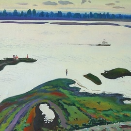 Moesey Li: 'Volga river', 1995 Oil Painting, Landscape. Artist Description: realism, people, boat, river, Volga, Volgograd, landscape...