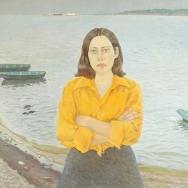 Moesey Li: 'Volzhanka', 1979 Oil Painting, Portrait. Artist Description: realism, woman, river, Volga, boat...