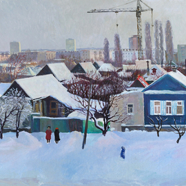 Moesey Li: 'Winter outside the window', 1985 Oil Painting, Landscape. Artist Description: realism, landscape, Volgograd, city, houses, winter, snow, people...