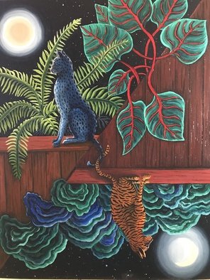 Monica Puryear: 'The Duo', 2019 Oil Painting, Cats. This piece depicts two cats that seem to be apart and yet are connected by their tails. ...