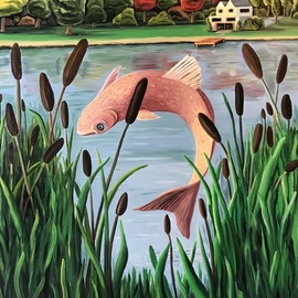 Monica Puryear: 'lake house', 2019 Oil Painting, Fish. Artist Description: This piece is a reminder of the place I grew up in by the lake, it s a very soothing scene. ...