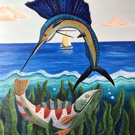 Monica Puryear: 'sailing', 2019 Oil Painting, Seascape. Artist Description: This painting is my interpretation of nature and humans interacting but also miles apart. ...