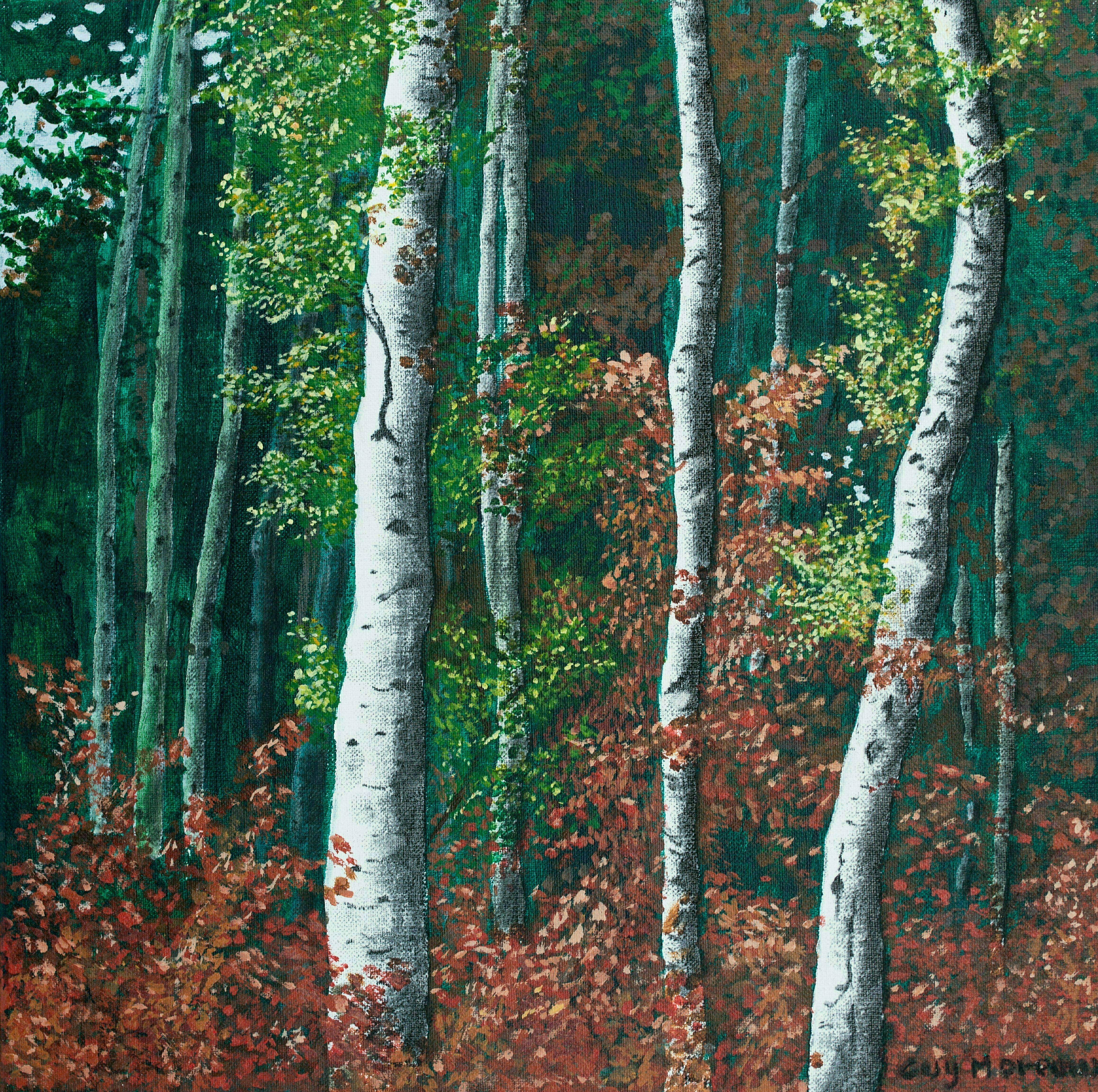 Guy Octaaf Moreaux: 'early autumn in limburg', 2017 Acrylic Painting, nature. Acrylic and carbon on linen.Nature keeps inspiring me.  Limburg province has a sand- rich soil which gives a variety of trees, pines are mixed in with others. ...