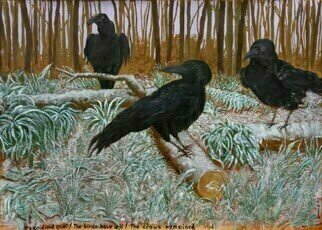 Guy Octaaf Moreaux: 'haiku the crows', 2023 Oil Painting, Nature. It s cold and quietThe birds have leftThe crows remainedAcrylic and oil paint on canvas.Ships in a rollBirds, winter forrest, figurative, landscape...