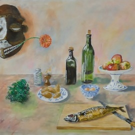 Guy Octaaf Moreaux: 'mackerel salade', 2024 Oil Painting, Still Life. Artist Description: 2024 is the 75th year of the disappearance of James Ensor, an important painter in the evolution of painting in Belgium.  One of his most important and certainly his biggest painting is in the Getty museum in Los Angeles. This painting is made in reference to him. , He ...