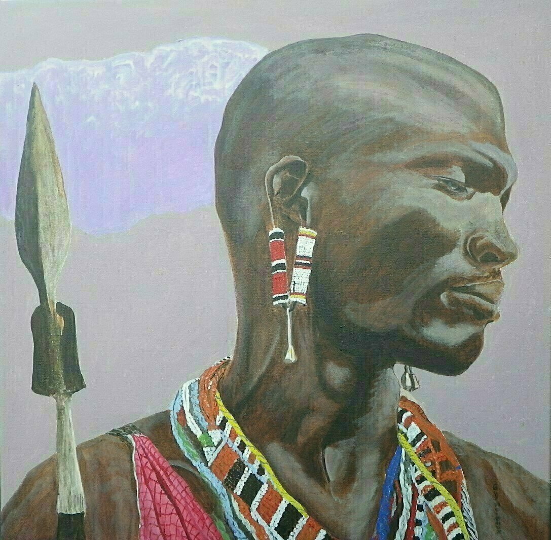 Guy Octaaf Moreaux: 'masai warrior', 2019 Acrylic Painting, Portrait. The Masai people, nothwithstanding the fact that they have always represented a rather small percentage of the Kenians, have a very strong image and symbolic value for the country for different reasons.Acrylic and oil paint on stretched canvas.  Can be sent in a roll. ...