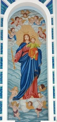 Diana  Donici: 'Virgin Mary Queen with Baby Jesus', 2012 Mosaic, Biblical.    Religious work made in mosaic tehnique out of glass, with use of real 24k golden glass.  Mounted directly on the wall, as the front piece of the church altar.       ...