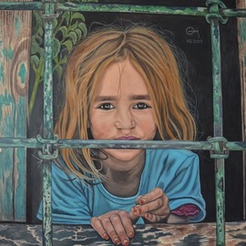 Marius Ghita: 'Dreaming At The Window', 2019 Tempera Painting, Portrait. Artist Description: The painting is enhanced in water colors on canvas cotton and coated with two layers of varnish.  Mounted on stretcher frame...
